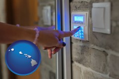 hawaii map icon and woman pressing a key on a home alarm keypad
