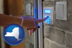 new-york map icon and woman pressing a key on a home alarm keypad