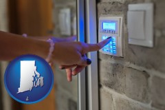 rhode-island map icon and woman pressing a key on a home alarm keypad