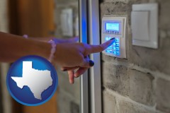 texas map icon and woman pressing a key on a home alarm keypad