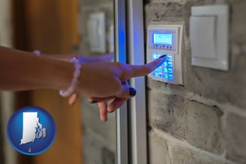 woman pressing a key on a home alarm keypad - with Rhode Island icon
