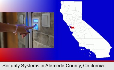 woman pressing a key on a home alarm keypad; Alameda County highlighted in red on a map