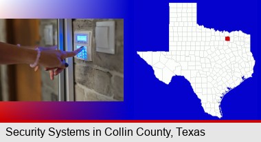 woman pressing a key on a home alarm keypad; Collin County highlighted in red on a map