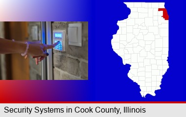 woman pressing a key on a home alarm keypad; Cook County highlighted in red on a map