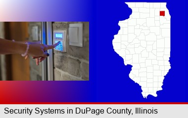 woman pressing a key on a home alarm keypad; DuPage County highlighted in red on a map