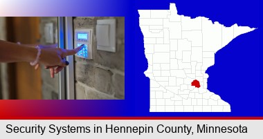 woman pressing a key on a home alarm keypad; Hennepin County highlighted in red on a map