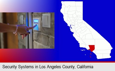 woman pressing a key on a home alarm keypad; Los Angeles County highlighted in red on a map