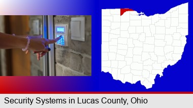 woman pressing a key on a home alarm keypad; Lucas County highlighted in red on a map
