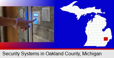woman pressing a key on a home alarm keypad; Oakland County highlighted in red on a map