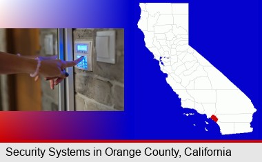 woman pressing a key on a home alarm keypad; Orange County highlighted in red on a map
