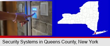 woman pressing a key on a home alarm keypad; Queens County highlighted in red on a map