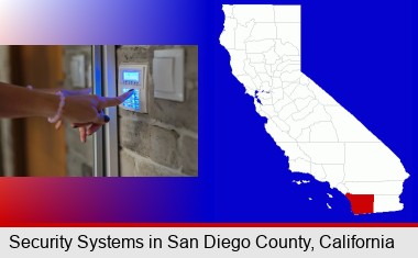woman pressing a key on a home alarm keypad; San Diego County highlighted in red on a map