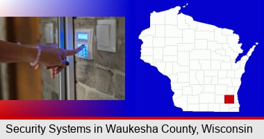 woman pressing a key on a home alarm keypad; Waukesha County highlighted in red on a map