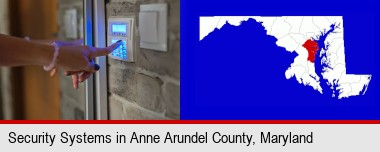 woman pressing a key on a home alarm keypad; Anne Arundel County highlighted in red on a map