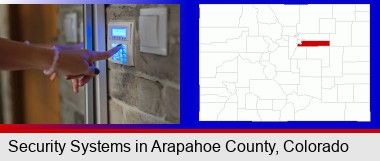 woman pressing a key on a home alarm keypad; Arapahoe County highlighted in red on a map