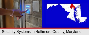 woman pressing a key on a home alarm keypad; Baltimore County highlighted in red on a map