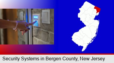 woman pressing a key on a home alarm keypad; Bergen County highlighted in red on a map