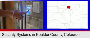 woman pressing a key on a home alarm keypad; Boulder County highlighted in red on a map