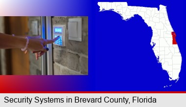 woman pressing a key on a home alarm keypad; Brevard County highlighted in red on a map