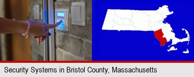 woman pressing a key on a home alarm keypad; Bristol County highlighted in red on a map