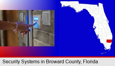 woman pressing a key on a home alarm keypad; Broward County highlighted in red on a map