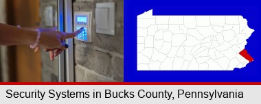 woman pressing a key on a home alarm keypad; Bucks County highlighted in red on a map