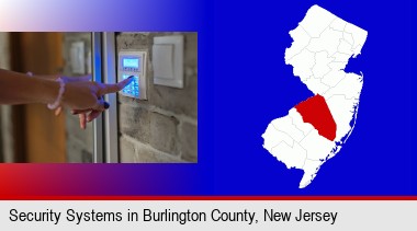 woman pressing a key on a home alarm keypad; Burlington County highlighted in red on a map