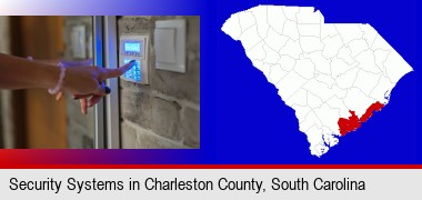 woman pressing a key on a home alarm keypad; Charleston County highlighted in red on a map