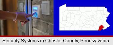 woman pressing a key on a home alarm keypad; Chester County highlighted in red on a map