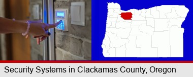 woman pressing a key on a home alarm keypad; Clackamas County highlighted in red on a map
