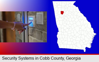 woman pressing a key on a home alarm keypad; Cobb County highlighted in red on a map