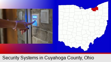 woman pressing a key on a home alarm keypad; Cuyahoga County highlighted in red on a map