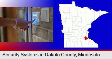 woman pressing a key on a home alarm keypad; Dakota County highlighted in red on a map