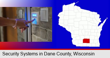 woman pressing a key on a home alarm keypad; Dane County highlighted in red on a map