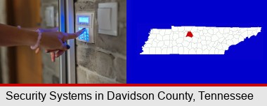 woman pressing a key on a home alarm keypad; Davidson County highlighted in red on a map