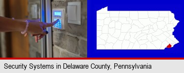 woman pressing a key on a home alarm keypad; Delaware County highlighted in red on a map