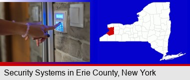 woman pressing a key on a home alarm keypad; Erie County highlighted in red on a map