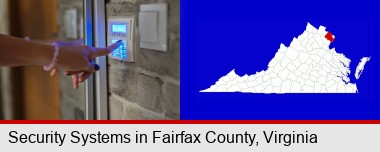 woman pressing a key on a home alarm keypad; Fairfax County highlighted in red on a map