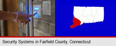 woman pressing a key on a home alarm keypad; Fairfield County highlighted in red on a map