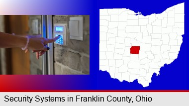 woman pressing a key on a home alarm keypad; Franklin County highlighted in red on a map