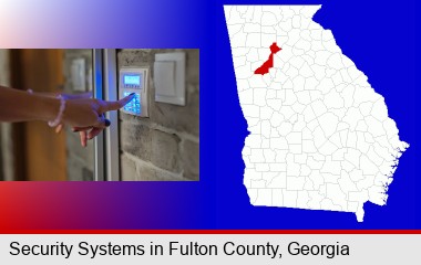 woman pressing a key on a home alarm keypad; Fulton County highlighted in red on a map
