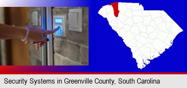 woman pressing a key on a home alarm keypad; Greenville County highlighted in red on a map