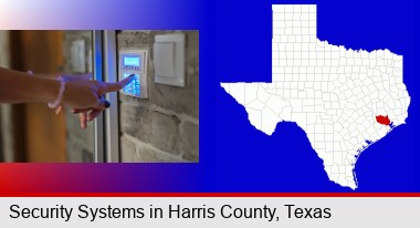 woman pressing a key on a home alarm keypad; Harris County highlighted in red on a map