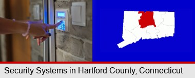 woman pressing a key on a home alarm keypad; Hartford County highlighted in red on a map