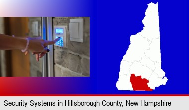 woman pressing a key on a home alarm keypad; Hillsborough County highlighted in red on a map