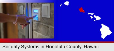 woman pressing a key on a home alarm keypad; Honolulu County highlighted in red on a map