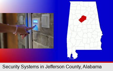 woman pressing a key on a home alarm keypad; Jefferson County highlighted in red on a map