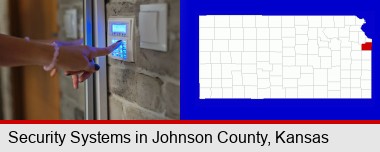 woman pressing a key on a home alarm keypad; Johnson County highlighted in red on a map