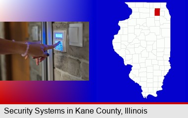 woman pressing a key on a home alarm keypad; Kane County highlighted in red on a map