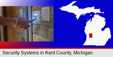 woman pressing a key on a home alarm keypad; Kent County highlighted in red on a map